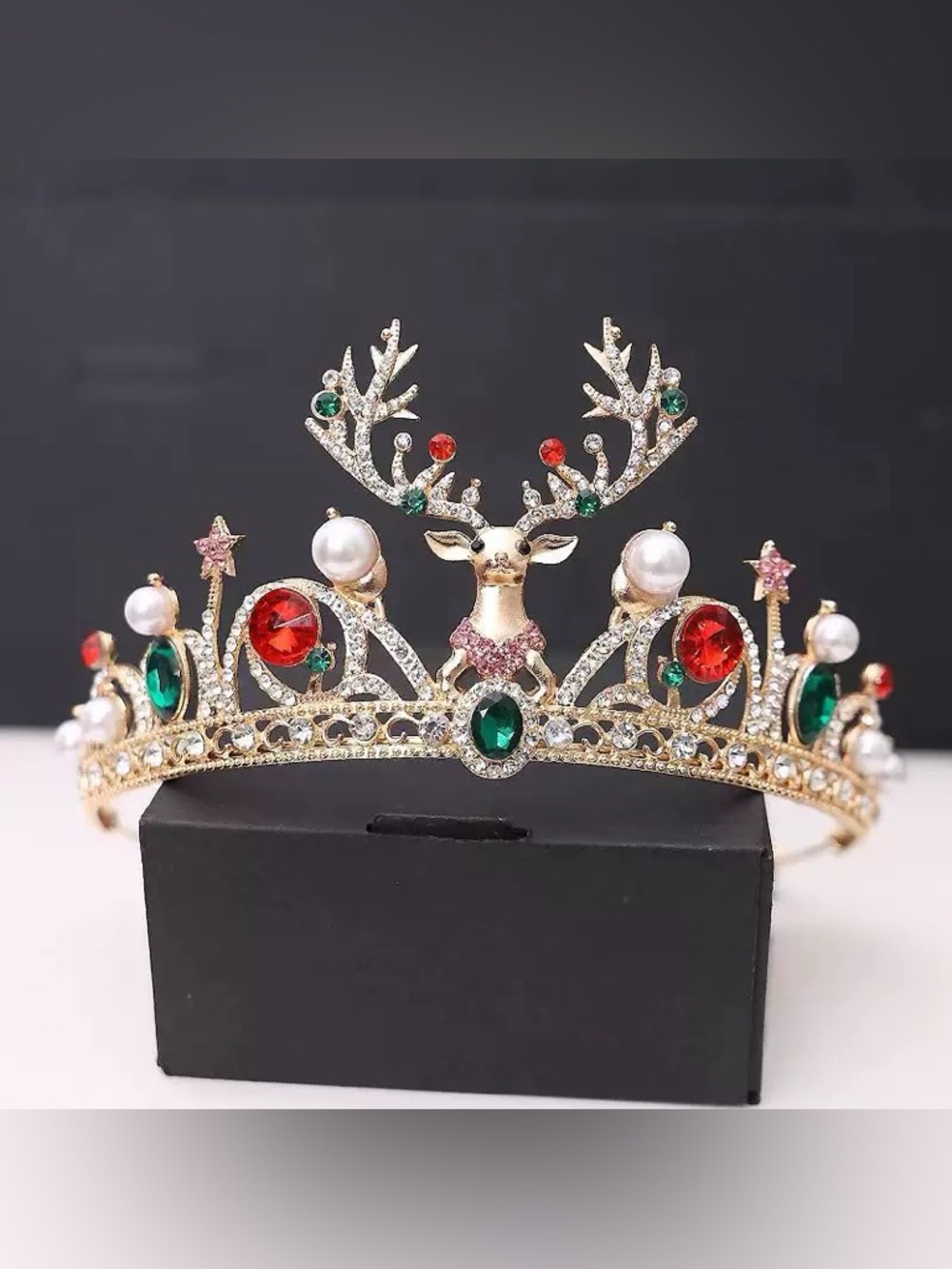Gold Reindeer Tiara Hair Crown with Red, Green and Pearl Accents